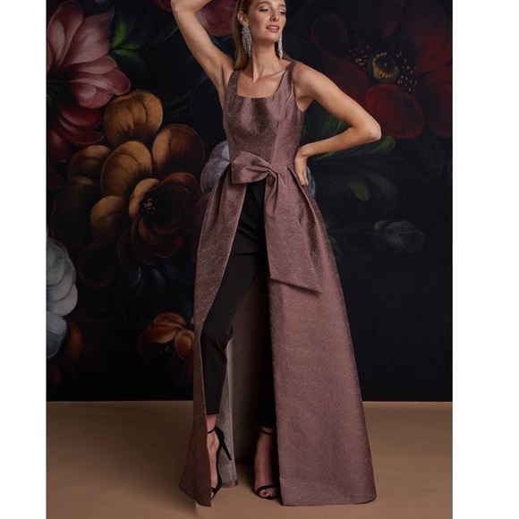 Kay Unger Sophie Jumpsuit Light Gold Dress Black Pants Sleeveless Formal Gown 8 - Picture 3 of 12